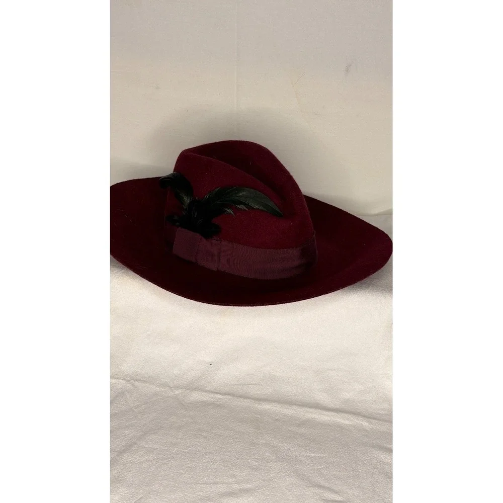 San Diego Hat Co Womens Burgundy Wool Felt Wide Brim Fedora Feather Accent OS